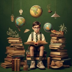 Wall Mural - Schoolboy sitting on a pile of books in the studio with green background. Little boy in glasses reading a book. Child sitting amongst textbooks. Studying and education concept. AI generated.