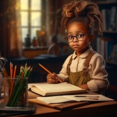 Wall Mural - Portrait of African schoolgirl in glasses sitting at desk in classroom. Cute little girl studying at table in school. Small child doing homework in light room at home. Studying educational concept.