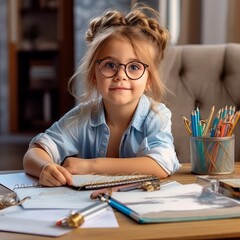 Wall Mural - Portrait of happy schoolgirl in glasses sitting at desk in classroom. Smiling little girl studying at table in school. Small child doing homework in light room at home. Studying educational concept.