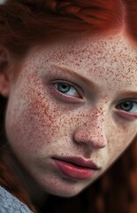 Wall Mural - closeup Portrait photography.  High Contrast. Textural details. Fine facial details. Artful interplay of light and shadow. Red hair with Freckles pretty serious young woman.