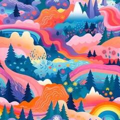 Wall Mural - Abstract seamless pattern with rainbow colored forest. Trees and hills. Background for various surface. Perfect for print, textile, fabric, kids wallpaper.