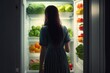Looking Inside Refrigerator at night, vegetables and health food, ai generative