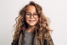 Portrait Of A Beautiful Little Girl With Long Curly Hair In Glasses.