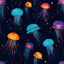 Abstract Colorful Jellyfish Seamless Pattern Art. Cartoon Line Illustration Design. Jelly Fish,sea Seamless Pattern Concept