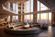 A spacious and opulent living room in a penthouse apartment, featuring high-end furniture, luxurious decor, and panoramic city views. Generative Ai