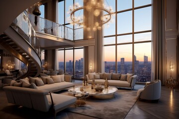 Wall Mural - A spacious and opulent living room in a penthouse apartment, featuring high-end furniture, luxurious decor, and panoramic city views. Generative Ai