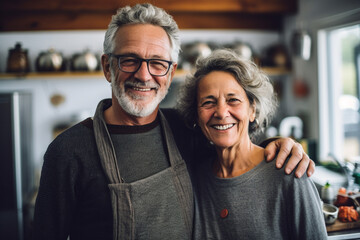 Retired couple hugging with a smile indoors. High quality photo