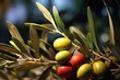 Olives and olive tree branch in autumn Agricultural food background concept. Generative AI