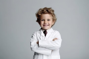 Portrait of a smiling little boy in a lab coat. Isolated on gray background.