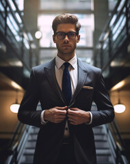 generative ai. male businessman with a serious face on the background of the stairs of a modern offi