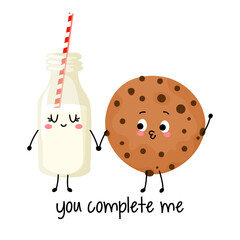 You complete me - Cute hand drawn milk and cookie couple illustration kawaii style. Valentine's Day poster. Good for posters, greeting cards, banners, textiles, gifts, shirts, mugs. 