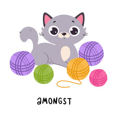 Poster - Little Grey Cat Amongst Yarn Balls as English Language Preposition for Educational Activity Vector Illustration