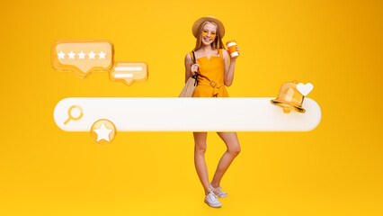 Positive Young Woman Posing With Web Search Icon, Yellow Background