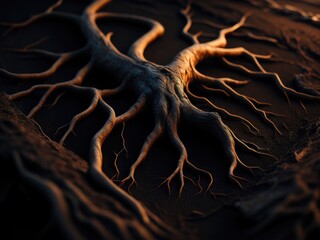 Tree roots in soil close up underground. ai generative