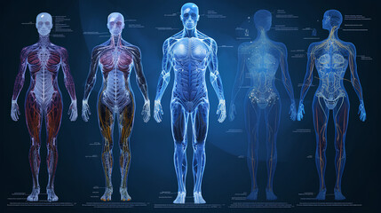 illustration of the systems of the human body. an image with a human skeleton, nervous and muscular 