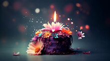 Cake Day, International Chocolate Cake Day. A Cake With Flowers And A Candle On A Dark Background With A Bokeh. Generative AI.