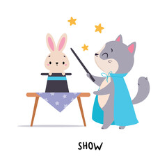 Sticker - Funny Grey Cat Show Magician Trick with Bunny and Hat as English Verb for Educational Activity Vector Illustration