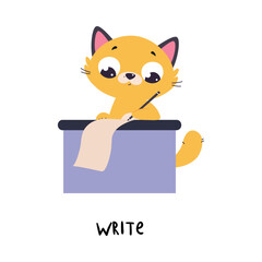 Sticker - Funny Ginger Cat Write on Paper as English Verb for Educational Activity Vector Illustration