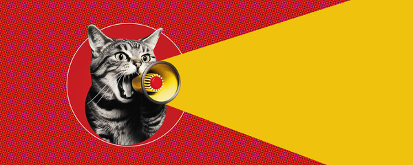 Art collage. A crazy cat with a megaphone. Promotion, action, ad, job questions, discussion. Vacancy. Business concept, communication, generative ai. information, news, boss, team media relations.