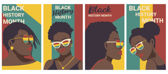 Minimalistic set posters of vector portraits stylish woman with glasses. Black History Month and African American History. Fine Art and Vector art.  