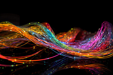 Wall Mural - Colorful optical fibers on a dark background. Close-up. Generative AI