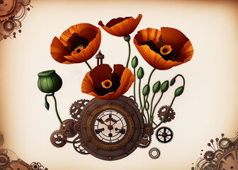 Wall Mural - illustrazione generative ai di tavola con fiori di papavero in stile steampunk con sfondo astratto dai tratti gotici, natura morta