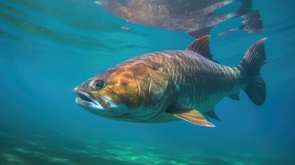 Wall Mural - Tarpon Fish Swimming Just Below the Surface of the Aqua-Colored Water