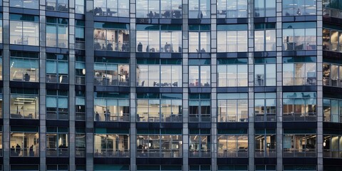 Wall Mural - Outside view of office building many window with business people working inside. Generative AI AIG18.