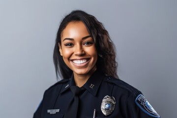 Poster - Portrait of smiling african american police officer isolated on grey background