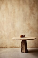 Rustic Exposed Textured Concrete Wall with Worn Farmhouse Table Minimalist Product Backdrop Background Neutral Minimalist Simple Minimal Color, Beige, Tan, White, Vase