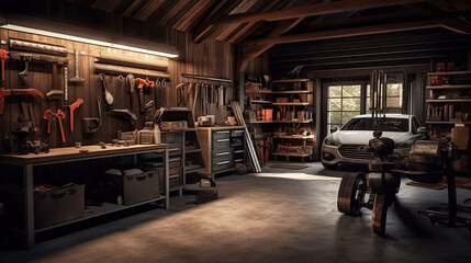 Wall Mural - Interior garage with mechanic tools