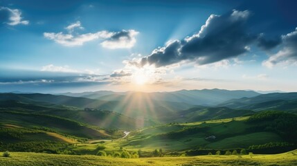 beautiful sunset over green hills, with setting sun casting its warm glow on landscape. the scene is