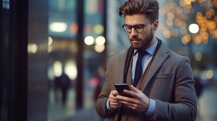 close-up image of business man watching smart mobile phone device outdoors. businessman networking t