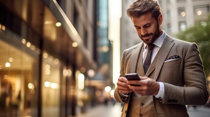Close-up image of business man watching smart mobile phone device outdoors. Businessman networking typing an sms message in city street.