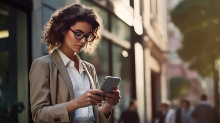 close-up image of business woman watching smart mobile phone device outdoors. businesswoman networki