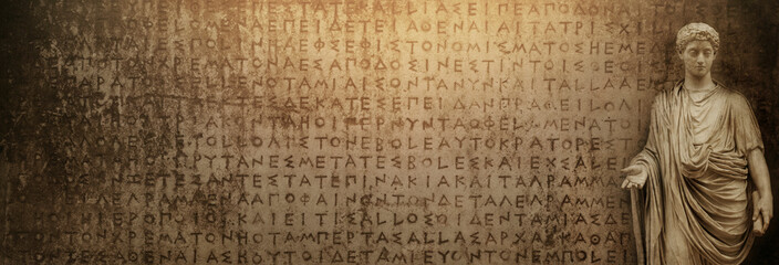 Ancient statues on the antique text. Ancient Greek and Roman, empire of Alexander, Roman Empire background. Background on the theme of ancient culture, archeology and history.