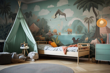 Wall Mural - Creative and bright eco design of a children's room. Bright fantasy wallpaper on the wall of baby room. Adventure theme. Photorealistic illustration.