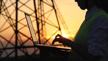 Silhouette Electrical Engineer, Work Computer Tablet Sunset, Electric Tower, Digital Hand, Engineer With Tablet Works Near Electric Poles Sunset, Business Partnership, With High Voltage Pylon