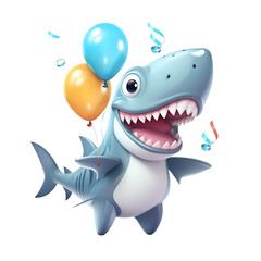 Canvas Print - 3d rendered illustration of a cartoon shark with balloons and confetti