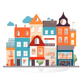 Fototapeta  - Colorful houses on the street. Vector illustration in flat style.
