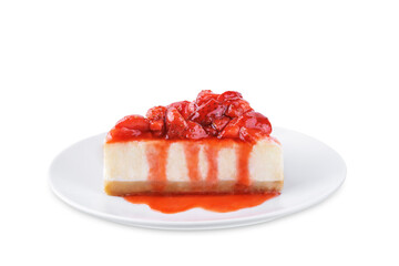 Wall Mural - Cheesecake with strawberry sauce in a plate on a white isolated background