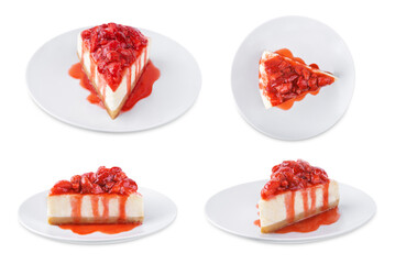 Wall Mural - Cheesecake with strawberry sauce in a plate on a white isolated background