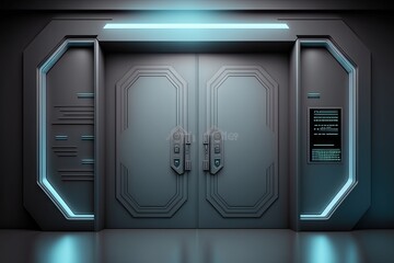 Futuristic metal sliding doors space cool dark glowing. Generative AI AIG15.