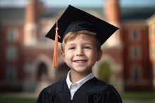 Portrait Of Cute Little Boy In Academic Gown And Cap On Graduation Day