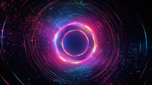Abstract Cosmic Background With Galaxy And Stars. Round Vortex. Pink Blue Neon Lines Spinning Around The Black Hole.