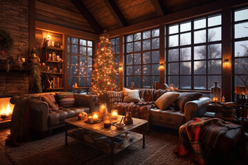 Stylish living room decorated for Christmas with fireplace at night