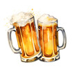 Two beer glasses mugs, watercolor illustartion on white background. Alcohol drinks