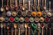Illustration of wooden spoons filled with various spices on a rustic background
