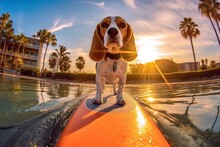 Beagle Dog On Sup Board. Sunset And Palms At Background. Generative AI