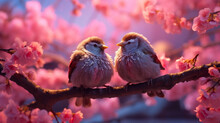 Two Little Birds Sitting On The Branch Of A Blossom Sakura Flower Tree. Ai Generative.